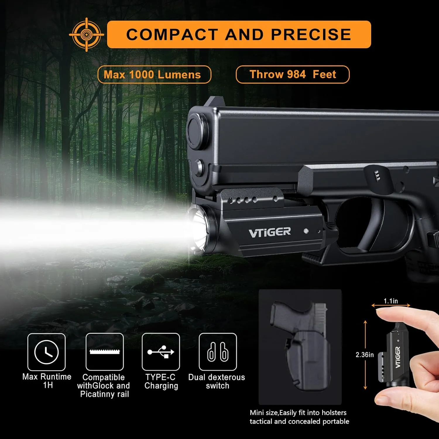 VTIGER PL1 Mini Powerful Compact Pistol Light, 1000 Lumens 984 FT Rechargeable Weapon Handgun Lights, Small Adjustable Rail-Mounted LED Tactical Flashlights for GL/1913 Picatinny Rail, IPX6