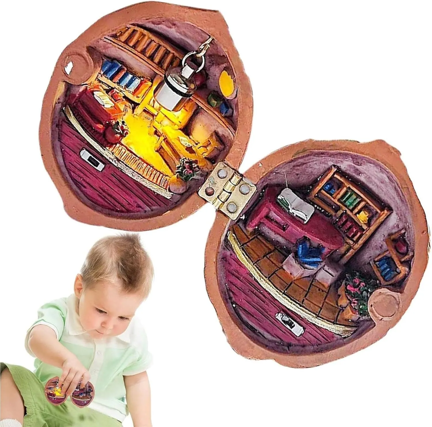 Walnut Shell Miniature Dollhouse,Mini House Library，Handmade Walnut Shell Doll Tiny World Inside Walnuts Handmade Resin Nut Secret 3D Scene for Kids AdultHouse 3D House Book Store (Coffee)