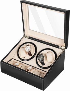 Watch Winder, 4 Automatic Watch Winders with 6 Watch Storage, PU Leather Watch Storage Display Case Store Shop Home Thanksgiving Christmas Gifts, Open Lid Stop Tech