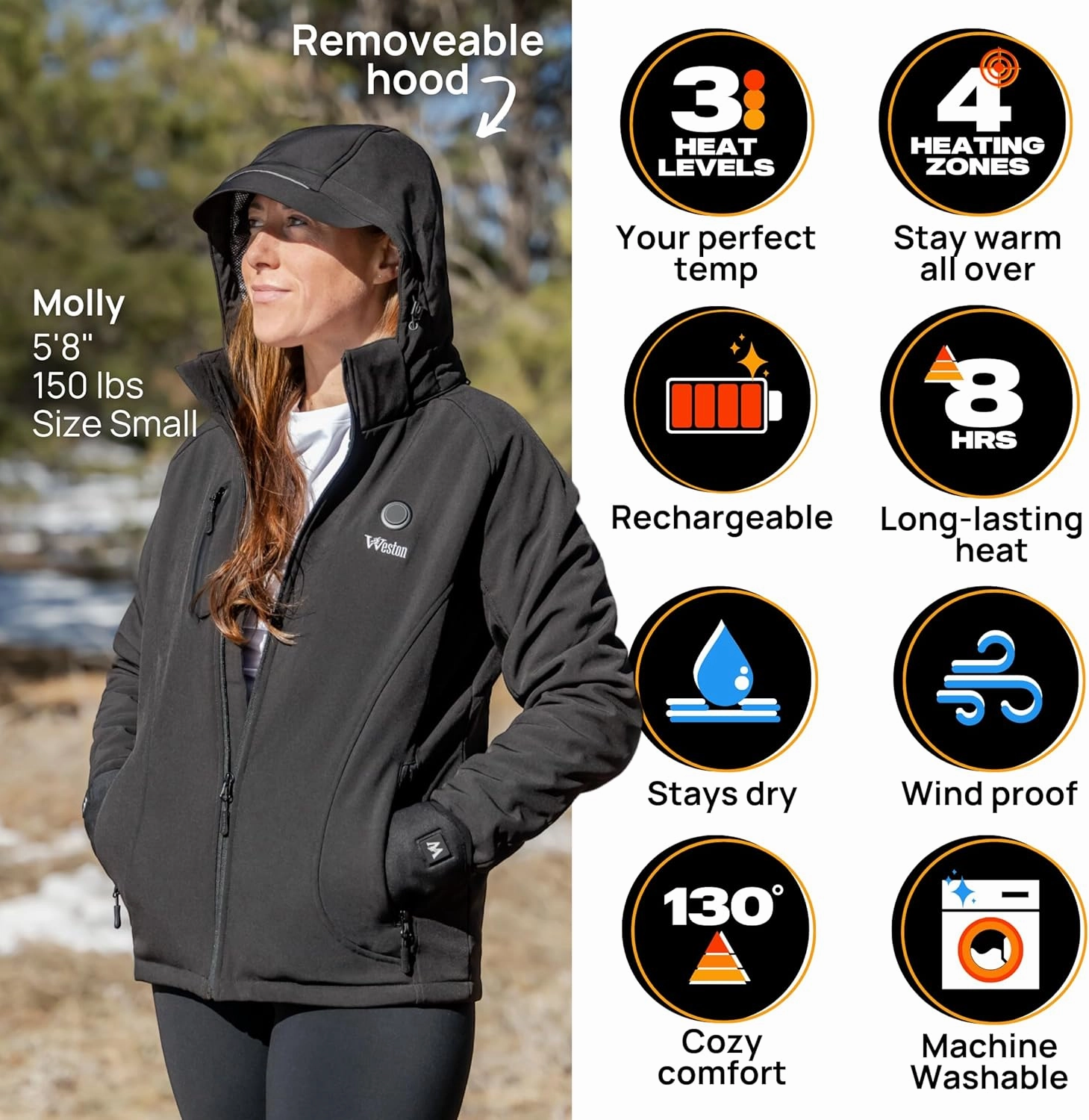 WESTON Women's Heated Coat, 4-Zone Electric Heated Jacket, 7.4V, 4800 mAH Rechargeable Battery, Adjustable Heat Levels