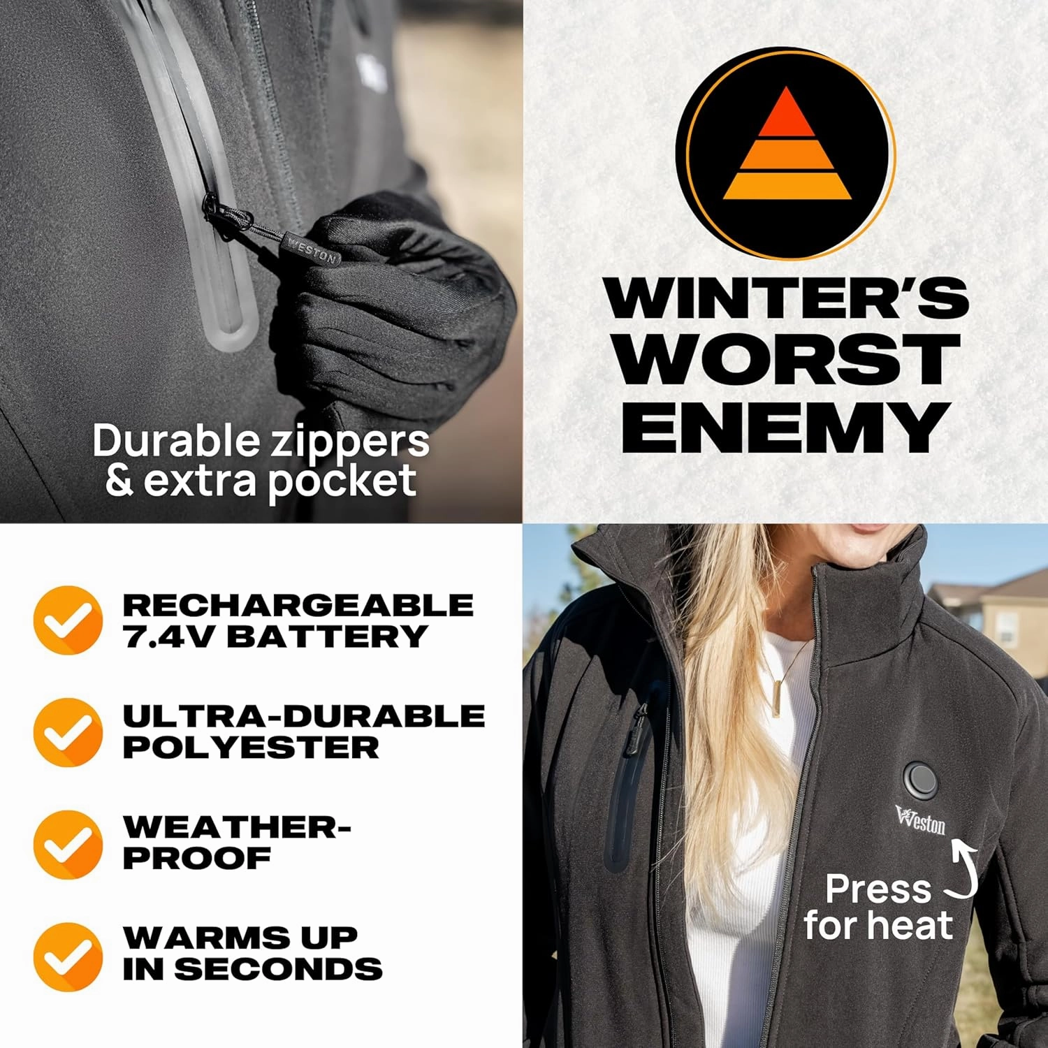 WESTON Women's Heated Coat, 4-Zone Electric Heated Jacket, 7.4V, 4800 mAH Rechargeable Battery, Adjustable Heat Levels