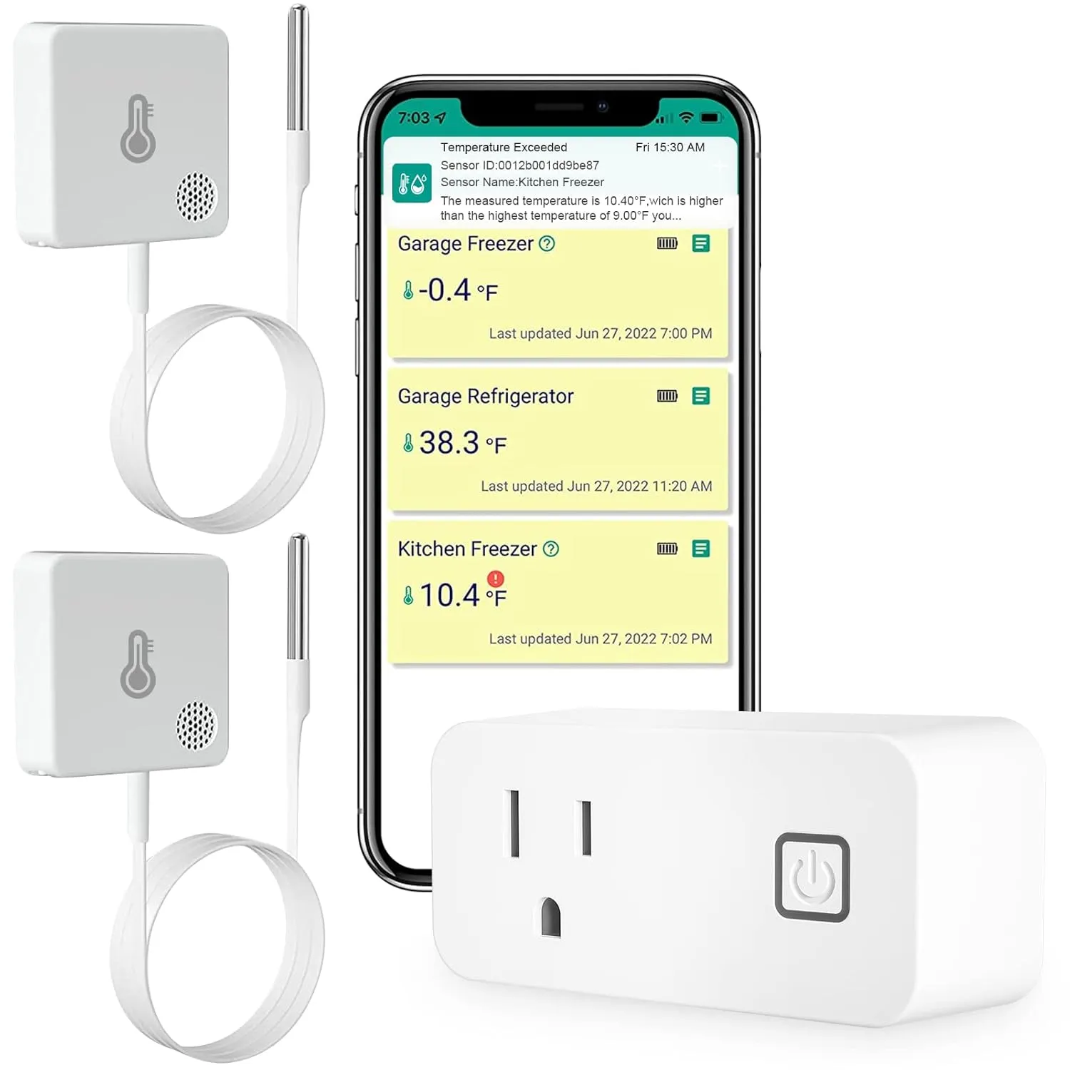 WiFi Freezer Thermometer Alarm, Email Alert, App Notification, 2-Years Data Export, No Subscription Fee, 2 Remote Temperature Sensors for Refrigerator, Freezer, Hot Tub