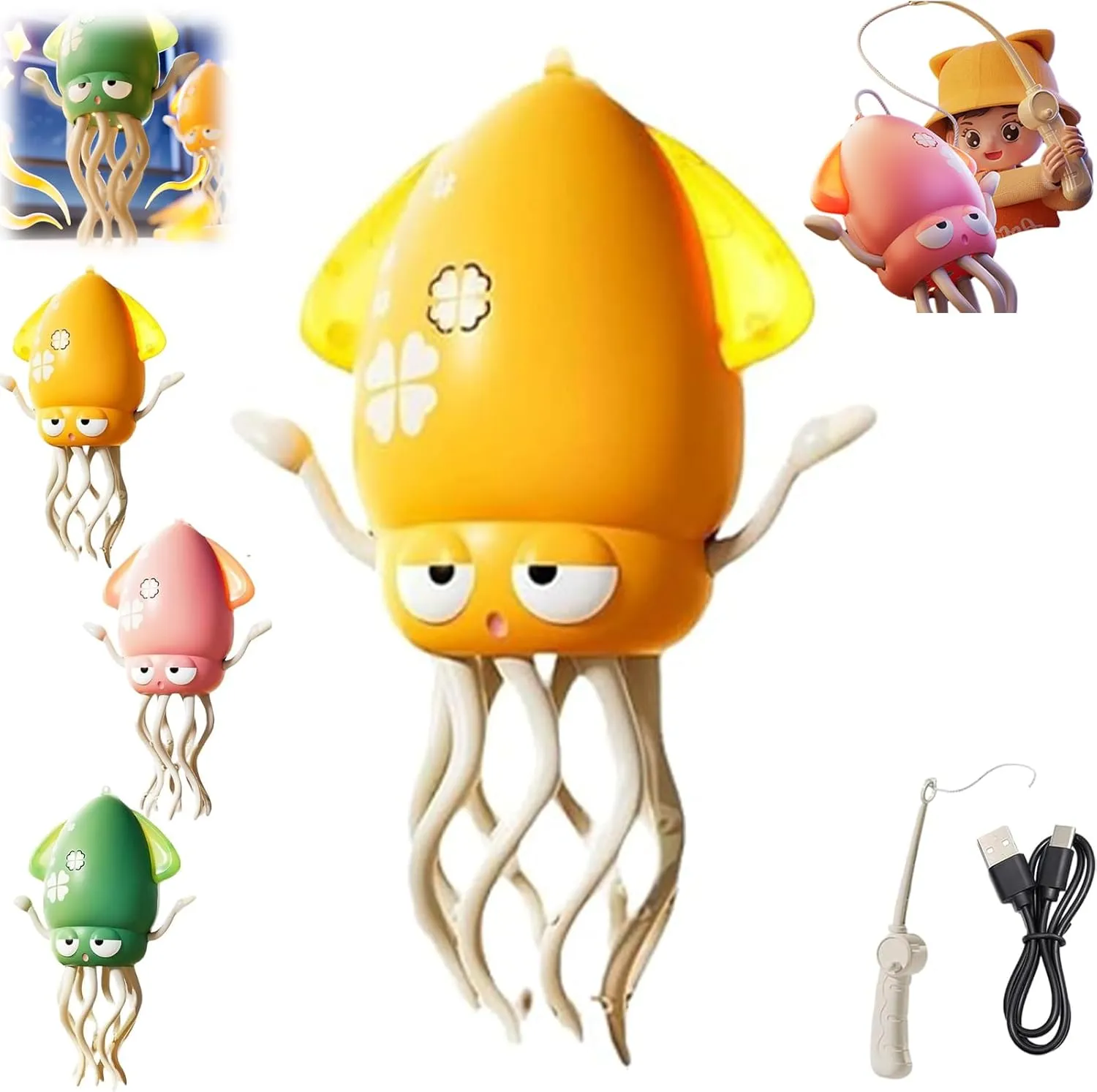 Wiggly Wonder Octopus, Dancing Squid Toy, Automatic Obstacle Avoidance Sensor Eight-Legged Crawling Toy, Smart-Tentacle Self-Navigating Robotic, USB Rechargeable with LED & Music (Yellow)