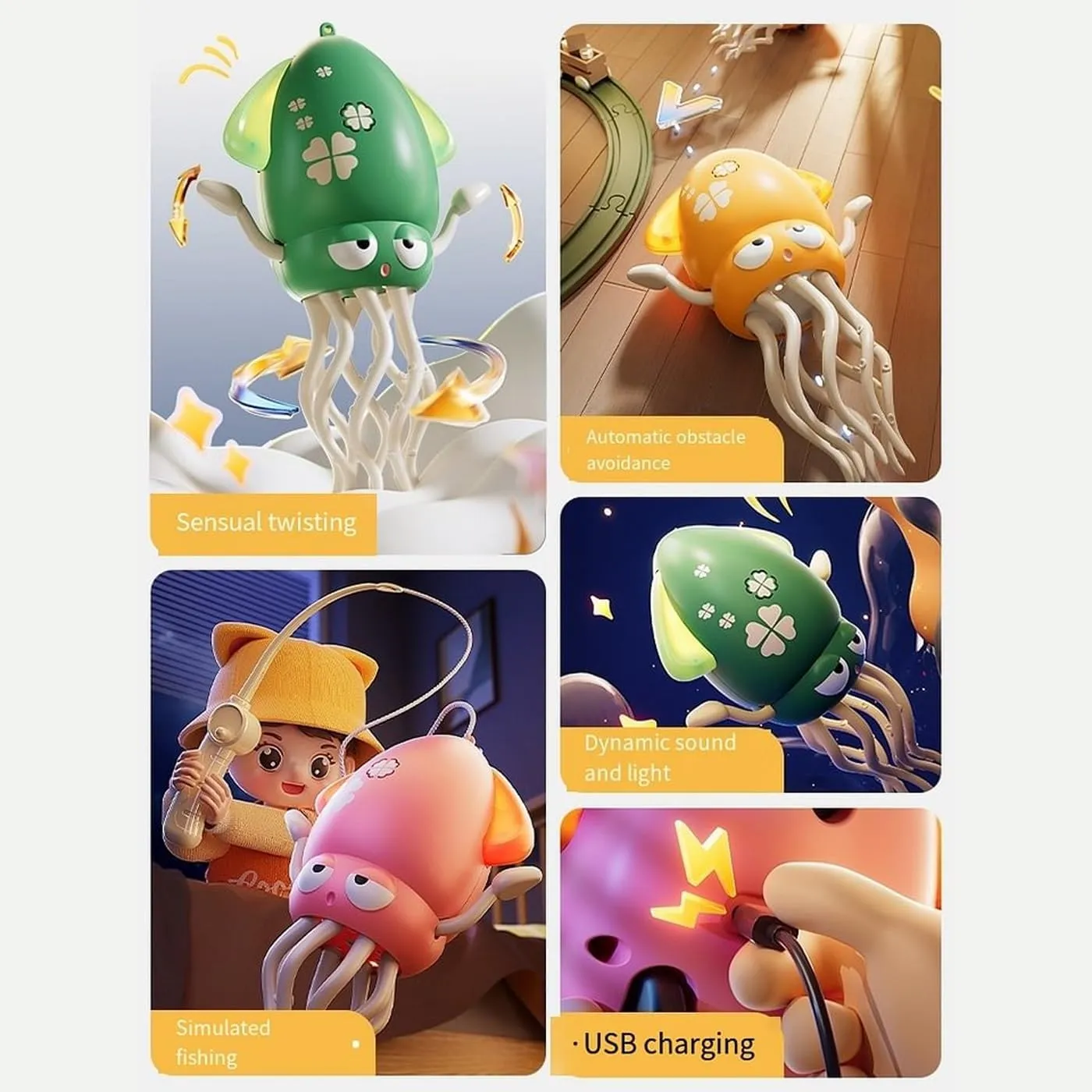 Wiggly Wonder Octopus，Electric Dancing Wiggly Wonder Octopus, Smart Tentacle Explorer, Squid with Auto Obstacle Avoidance, USB Rechargeable with LED Lights & Music (Yellow)