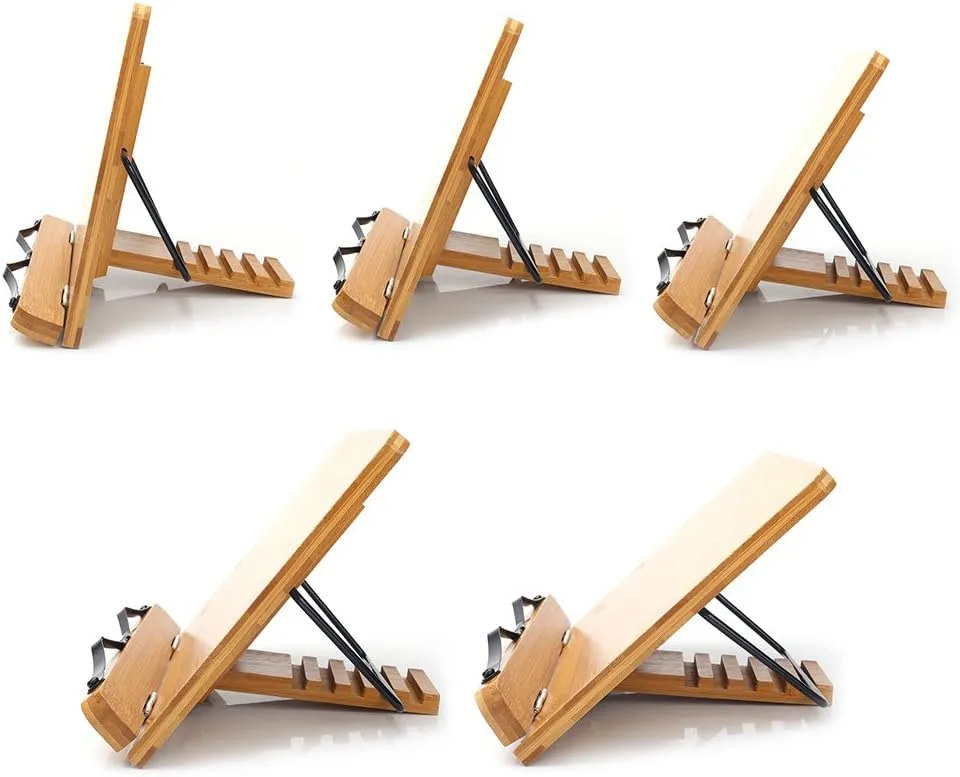 wishacc Bamboo Book Stand Cookbook Holder with 5 Adjustable Height 13.2 x 9.2