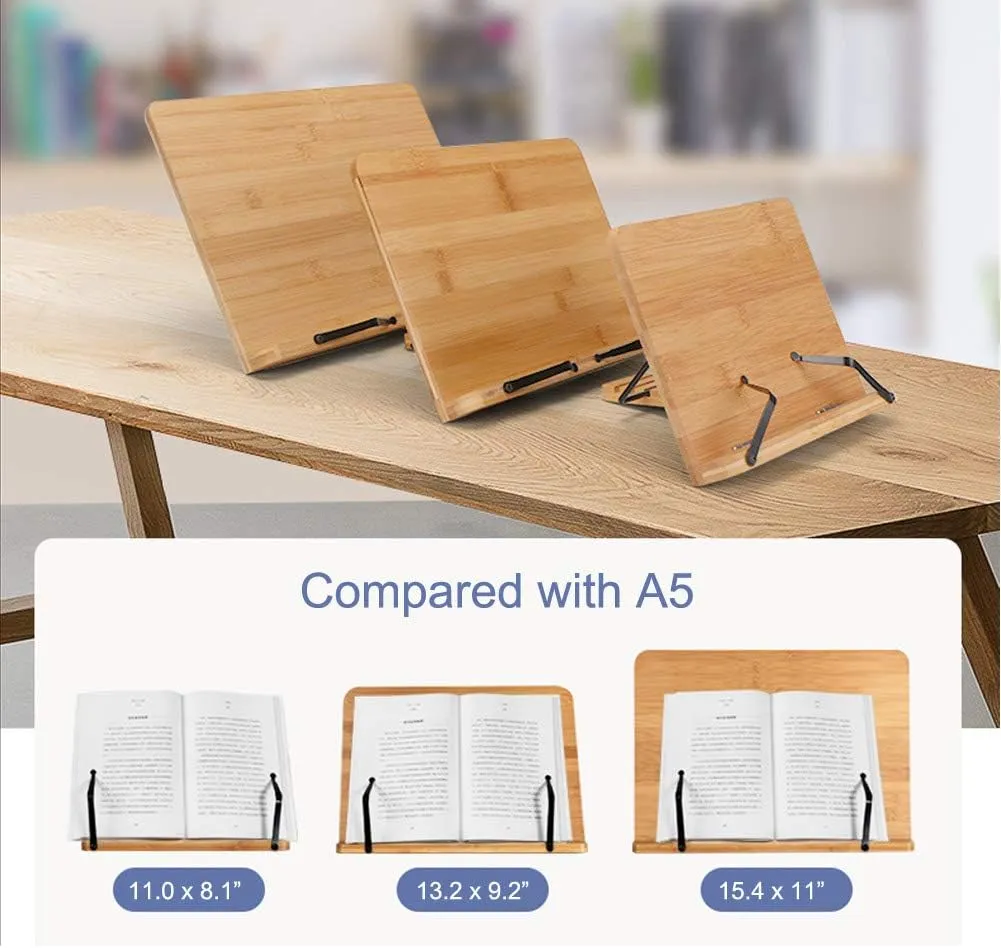 wishacc Bamboo Book Stand Cookbook Holder with 5 Adjustable Height 13.2 x 9.2