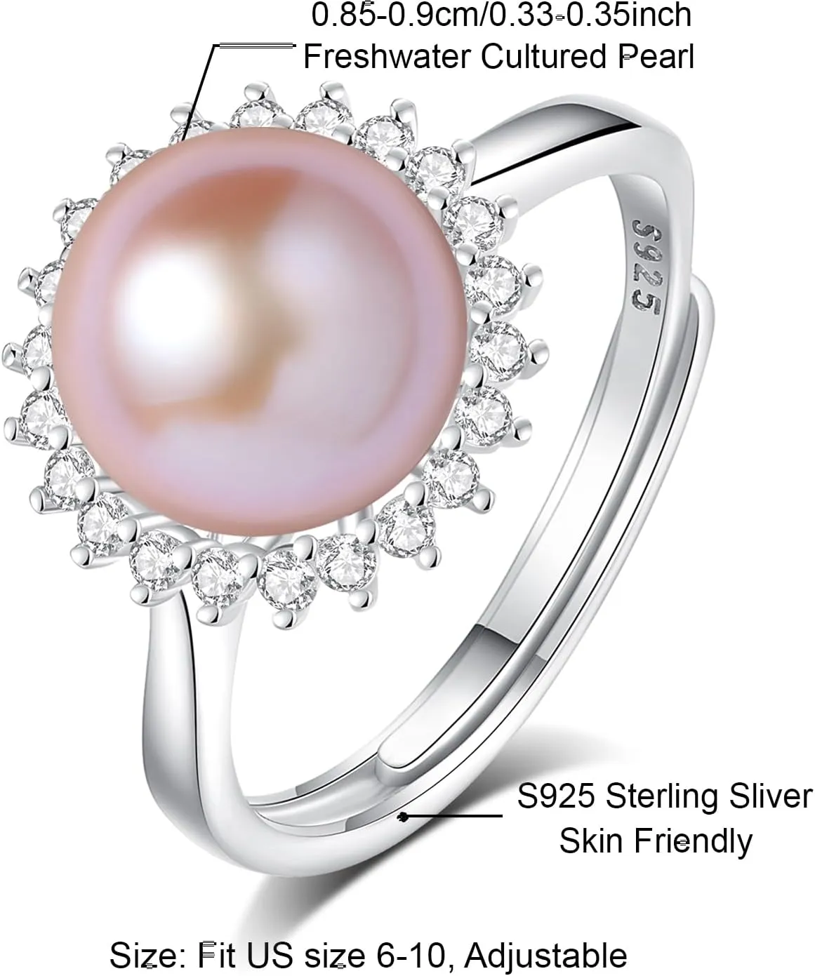 Womens Pearl Rings 925 Sterling Silver 18K Gold Plated Genuine Freshwater Pearl Ring Adjustable