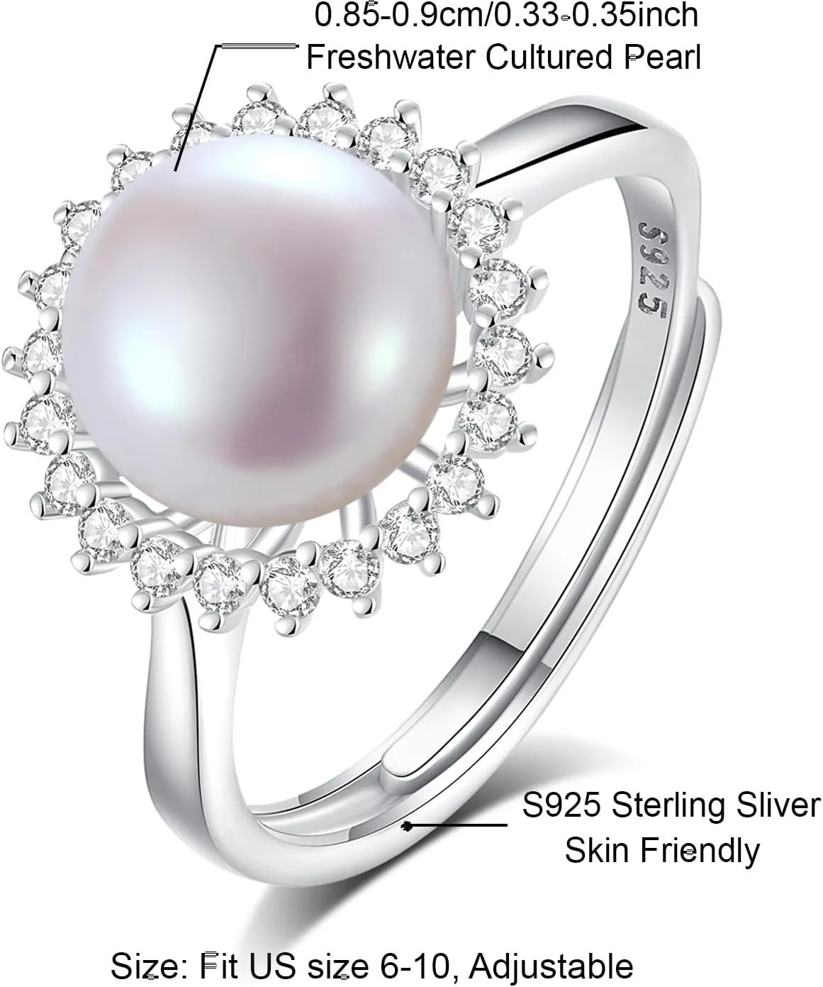 Womens Pearl Rings 925 Sterling Silver 18K Gold Plated Genuine Freshwater Pearl Ring Adjustable