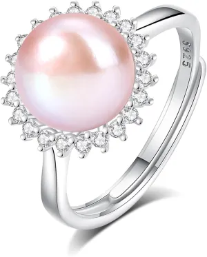 Womens Pearl Rings 925 Sterling Silver 18K Gold Plated Genuine Freshwater Pearl Ring Adjustable