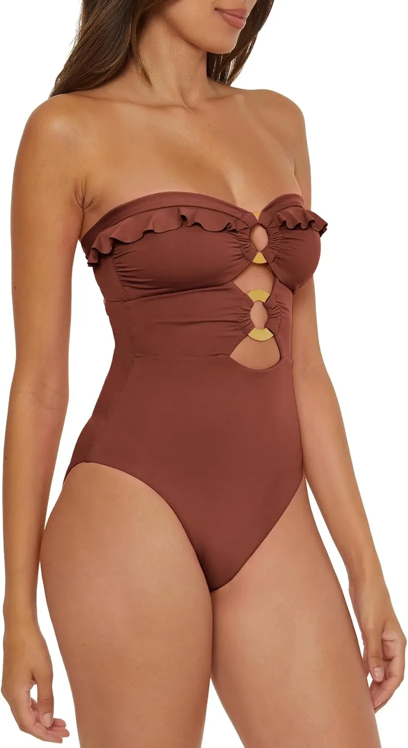 Women's Standard Buckle Up One Piece Bandeau Swimsuit with Cut Out Neckline and Removable Cups, Bathing Suits