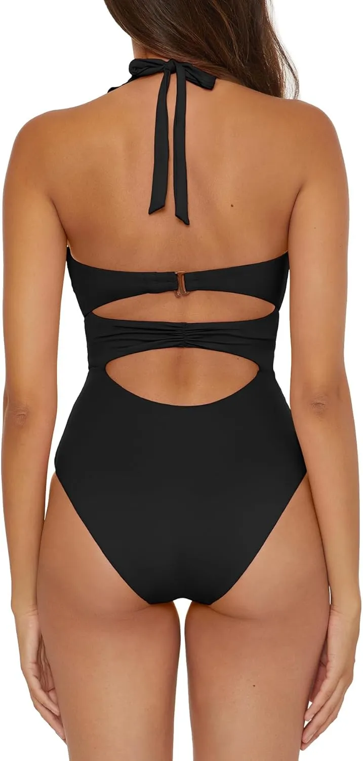 Women's Standard Buckle Up One Piece Bandeau Swimsuit with Cut Out Neckline and Removable Cups, Bathing Suits