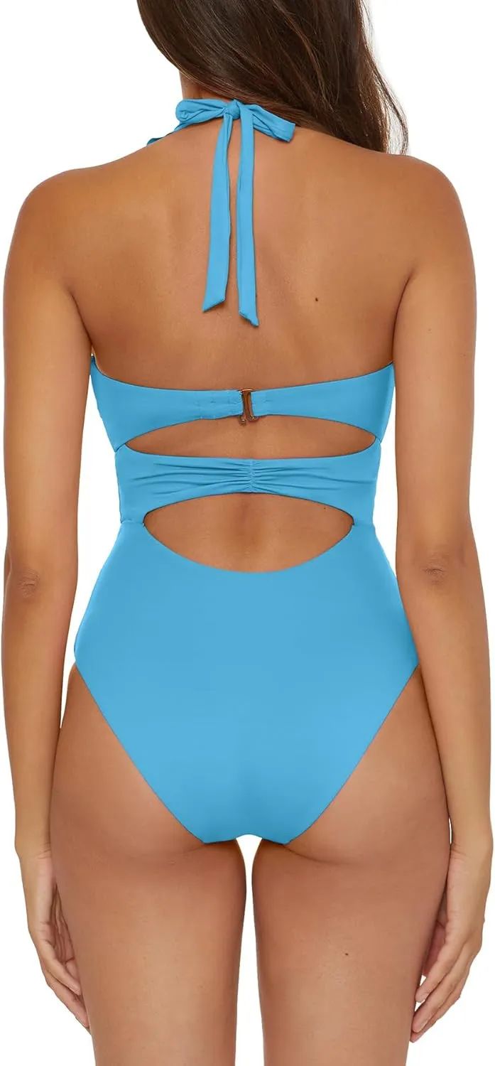 Women's Standard Buckle Up One Piece Bandeau Swimsuit with Cut Out Neckline and Removable Cups, Bathing Suits