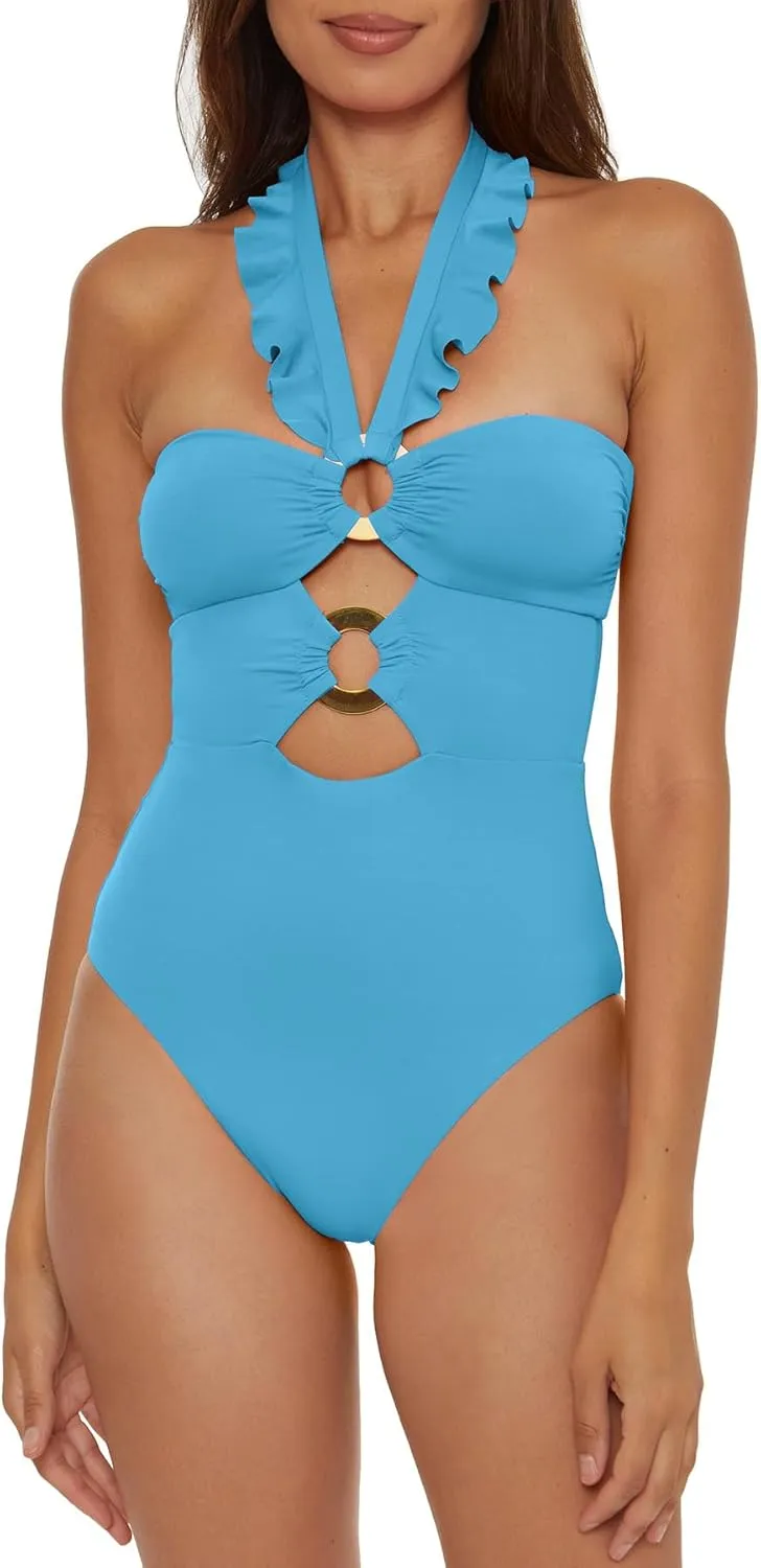 Women's Standard Buckle Up One Piece Bandeau Swimsuit with Cut Out Neckline and Removable Cups, Bathing Suits