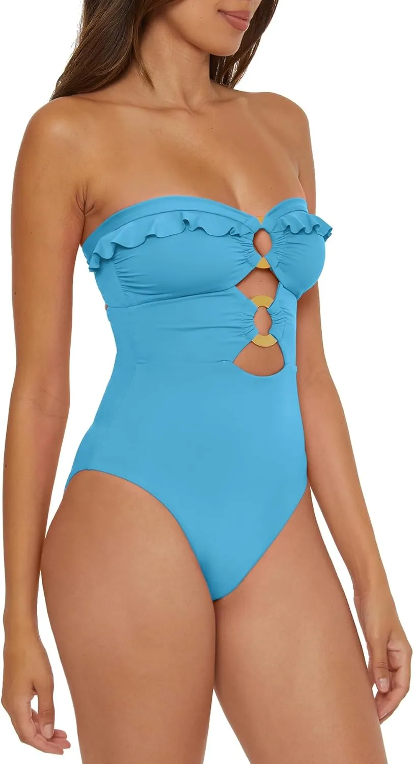 Women's Standard Buckle Up One Piece Bandeau Swimsuit with Cut Out Neckline and Removable Cups, Bathing Suits