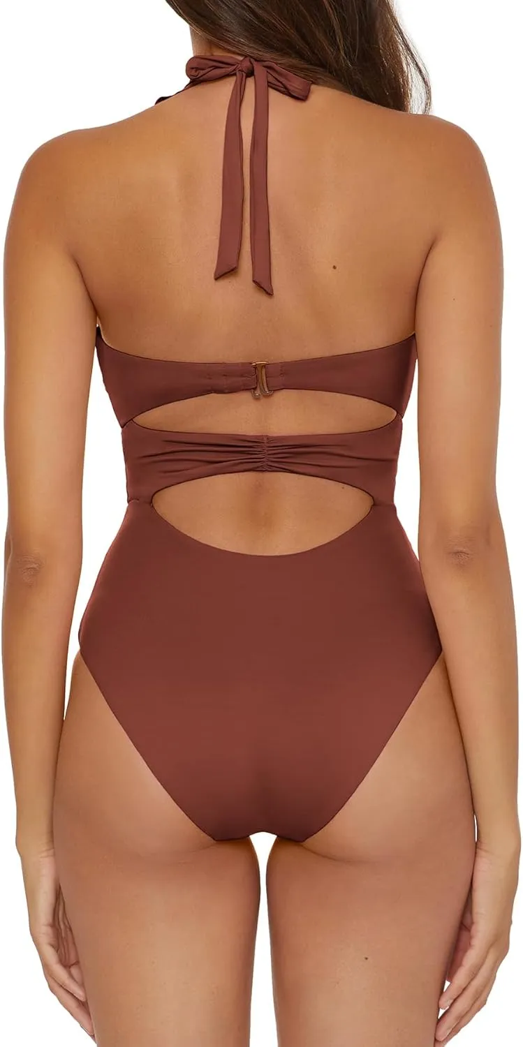 Women's Standard Buckle Up One Piece Bandeau Swimsuit with Cut Out Neckline and Removable Cups, Bathing Suits