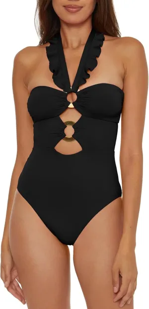 Women's Standard Buckle Up One Piece Bandeau Swimsuit with Cut Out Neckline and Removable Cups, Bathing Suits