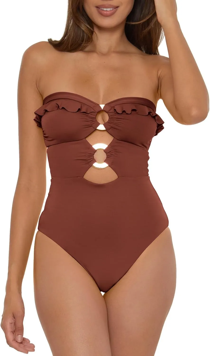 Women's Standard Buckle Up One Piece Bandeau Swimsuit with Cut Out Neckline and Removable Cups, Bathing Suits