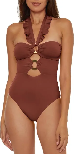 Women's Standard Buckle Up One Piece Bandeau Swimsuit with Cut Out Neckline and Removable Cups, Bathing Suits