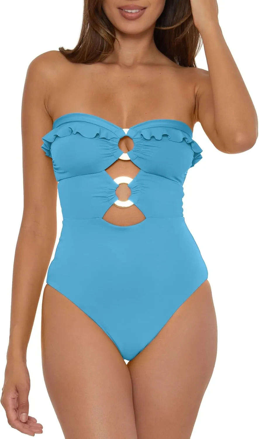 Women's Standard Buckle Up One Piece Bandeau Swimsuit with Cut Out Neckline and Removable Cups, Bathing Suits