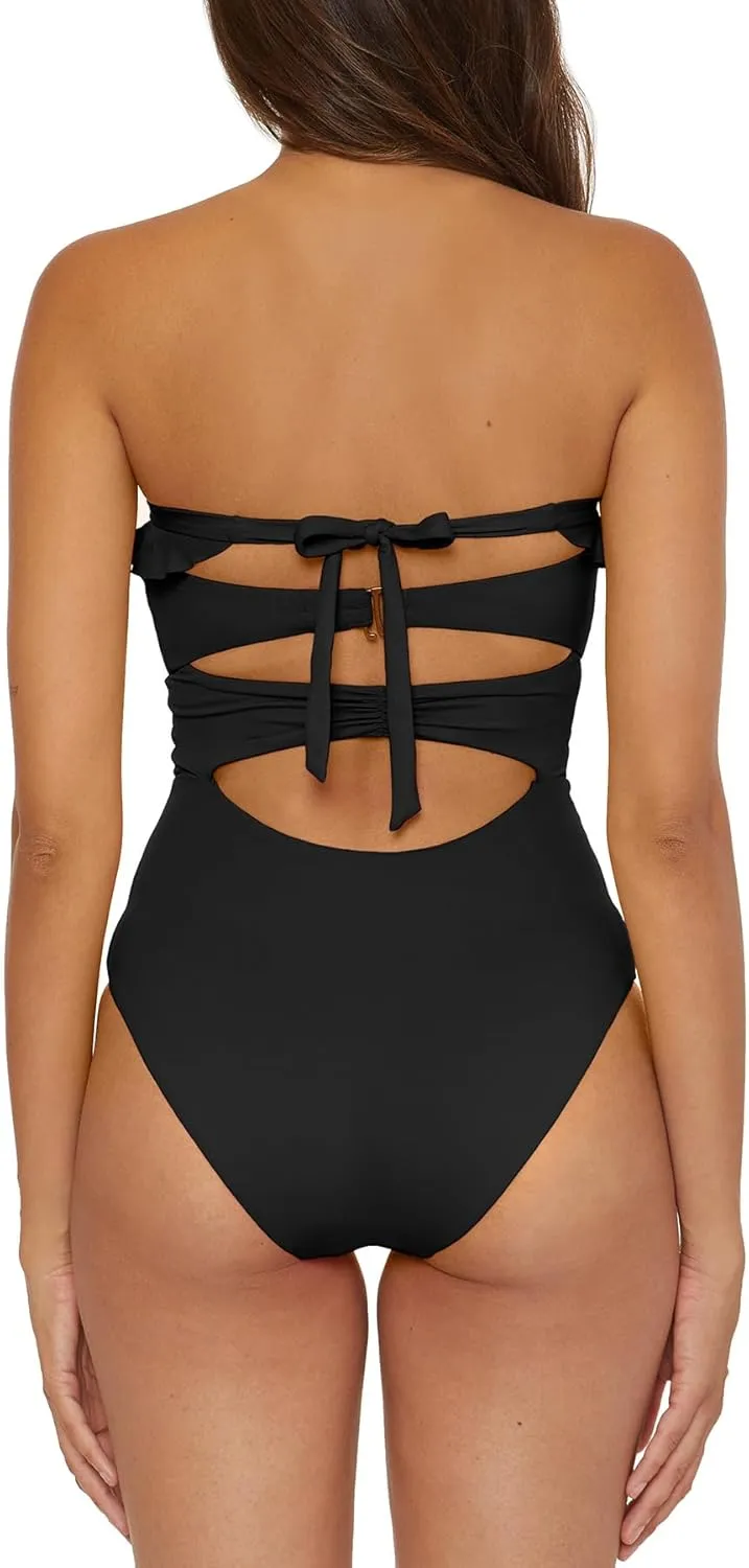 Women's Standard Buckle Up One Piece Bandeau Swimsuit with Cut Out Neckline and Removable Cups, Bathing Suits