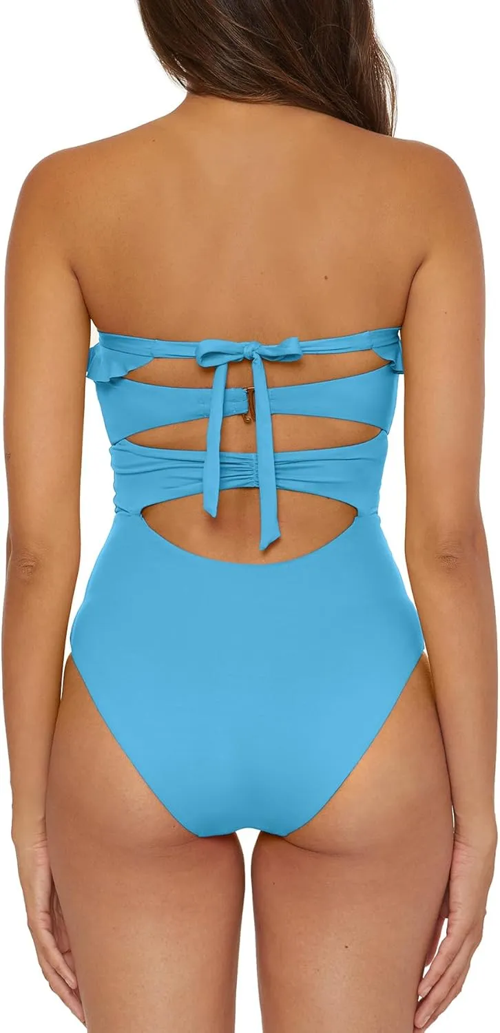 Women's Standard Buckle Up One Piece Bandeau Swimsuit with Cut Out Neckline and Removable Cups, Bathing Suits