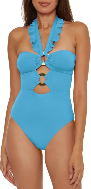 Women's Standard Buckle Up One Piece Bandeau Swimsuit with Cut Out Neckline and Removable Cups, Bathing Suits