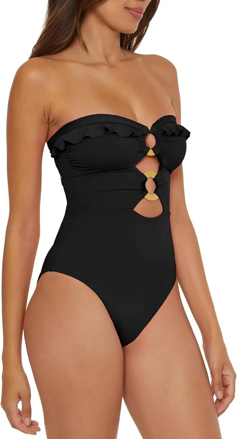 Women's Standard Buckle Up One Piece Bandeau Swimsuit with Cut Out Neckline and Removable Cups, Bathing Suits
