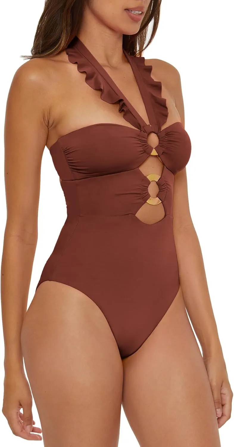 Women's Standard Buckle Up One Piece Bandeau Swimsuit with Cut Out Neckline and Removable Cups, Bathing Suits