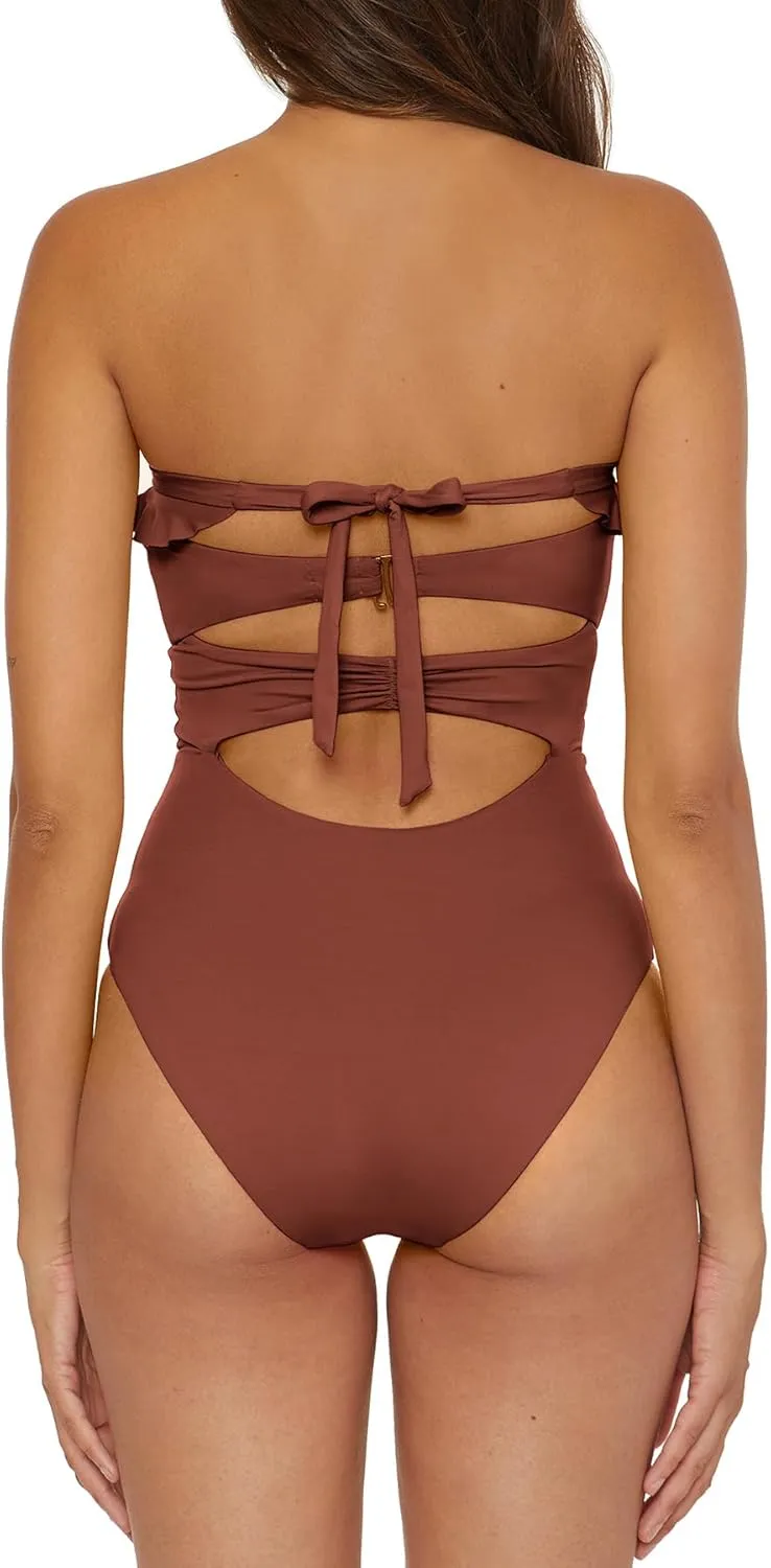 Women's Standard Buckle Up One Piece Bandeau Swimsuit with Cut Out Neckline and Removable Cups, Bathing Suits