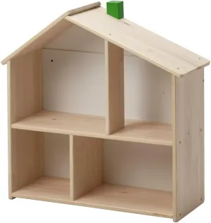 Wooden Dollhouse Wall Shelf, Natural Pine, 4 Storage Compartments, Kids Room Organizer & Decor