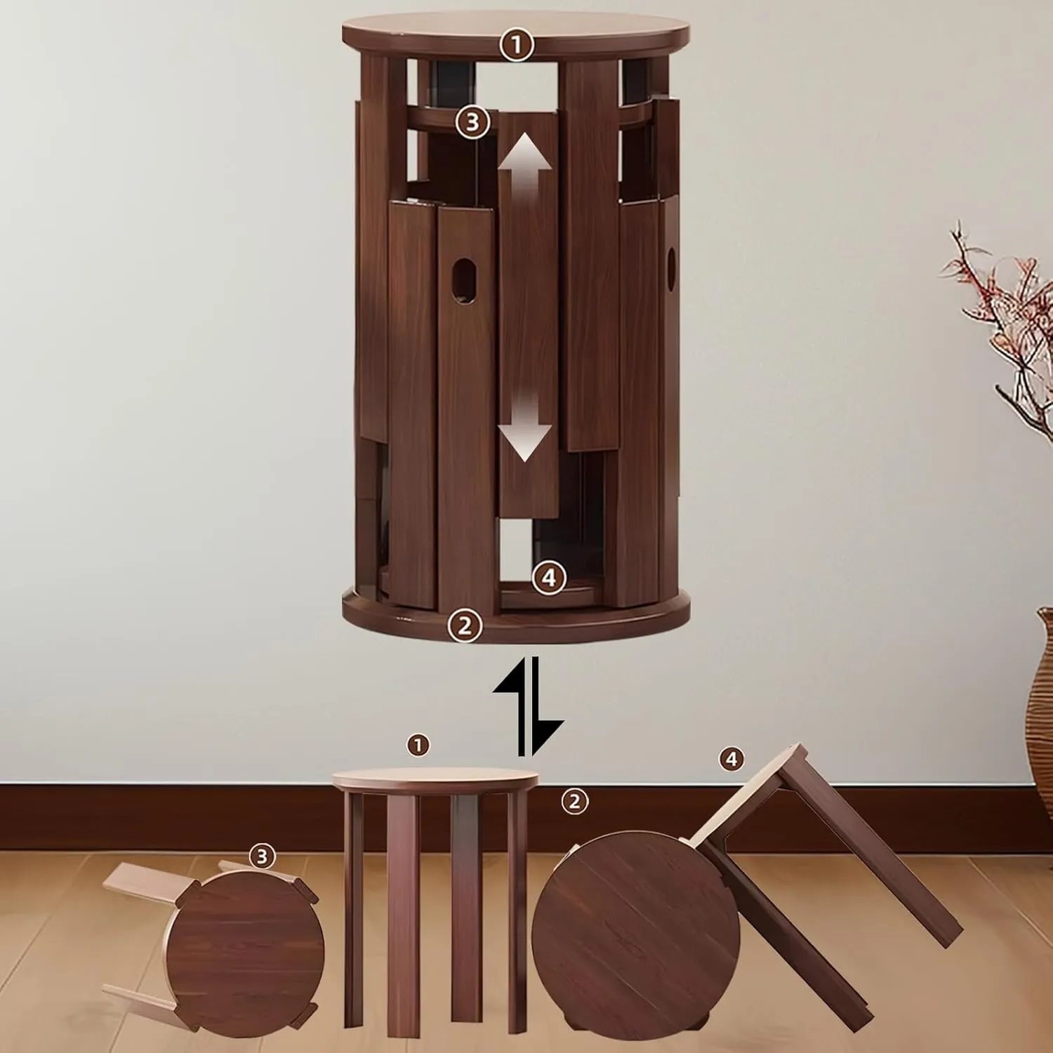 Wooden Stackable Stools Set of 4, 4-in-1 Stacking Stools with footrests, Multifunctional Seats for Home Kitchen Bedroom Diningroom Bar, No Assembly, Hold 220lbs (Walnut Color, 14.2x14.2x18.5in)