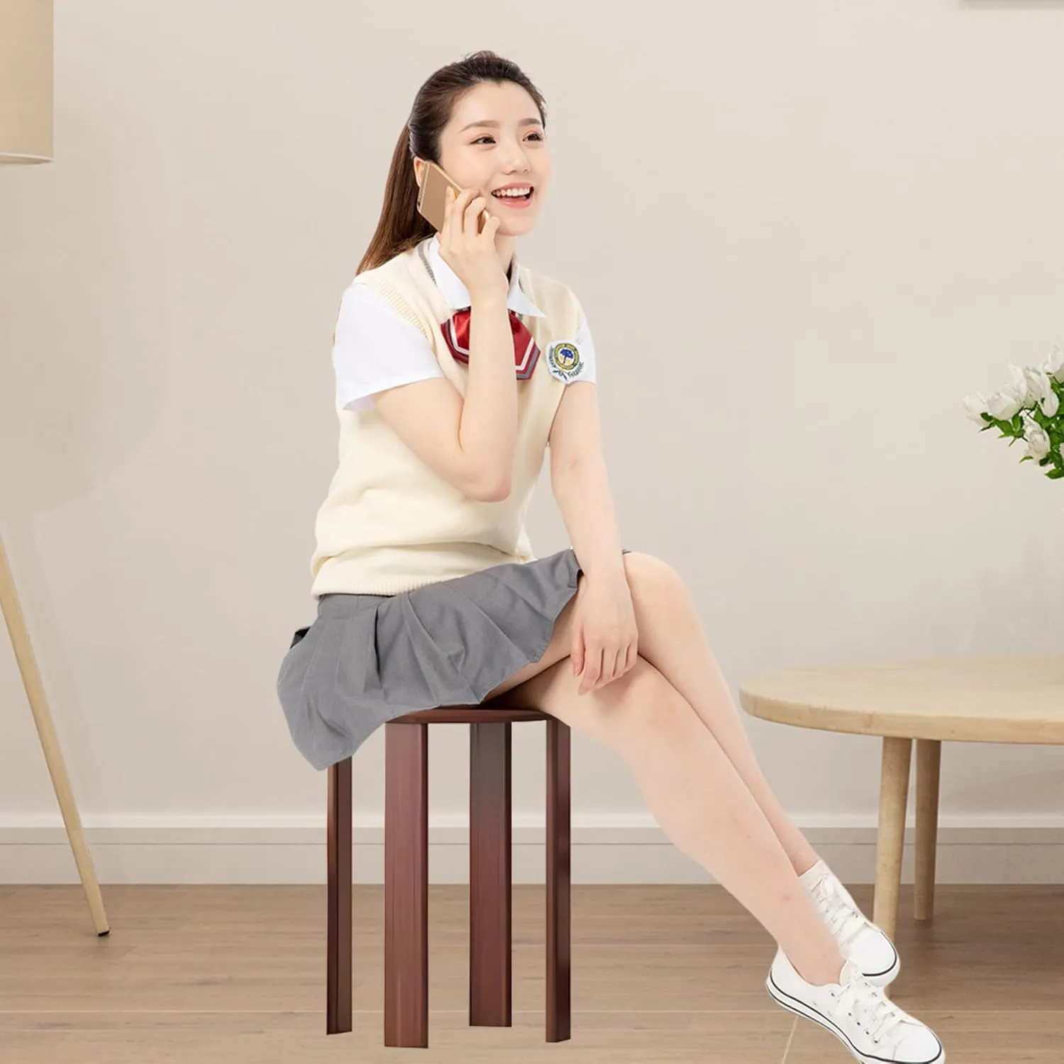 Wooden Stackable Stools Set of 4, 4-in-1 Stacking Stools with footrests, Multifunctional Seats for Home Kitchen Bedroom Diningroom Bar, No Assembly, Hold 220lbs (Walnut Color, 14.2x14.2x18.5in)