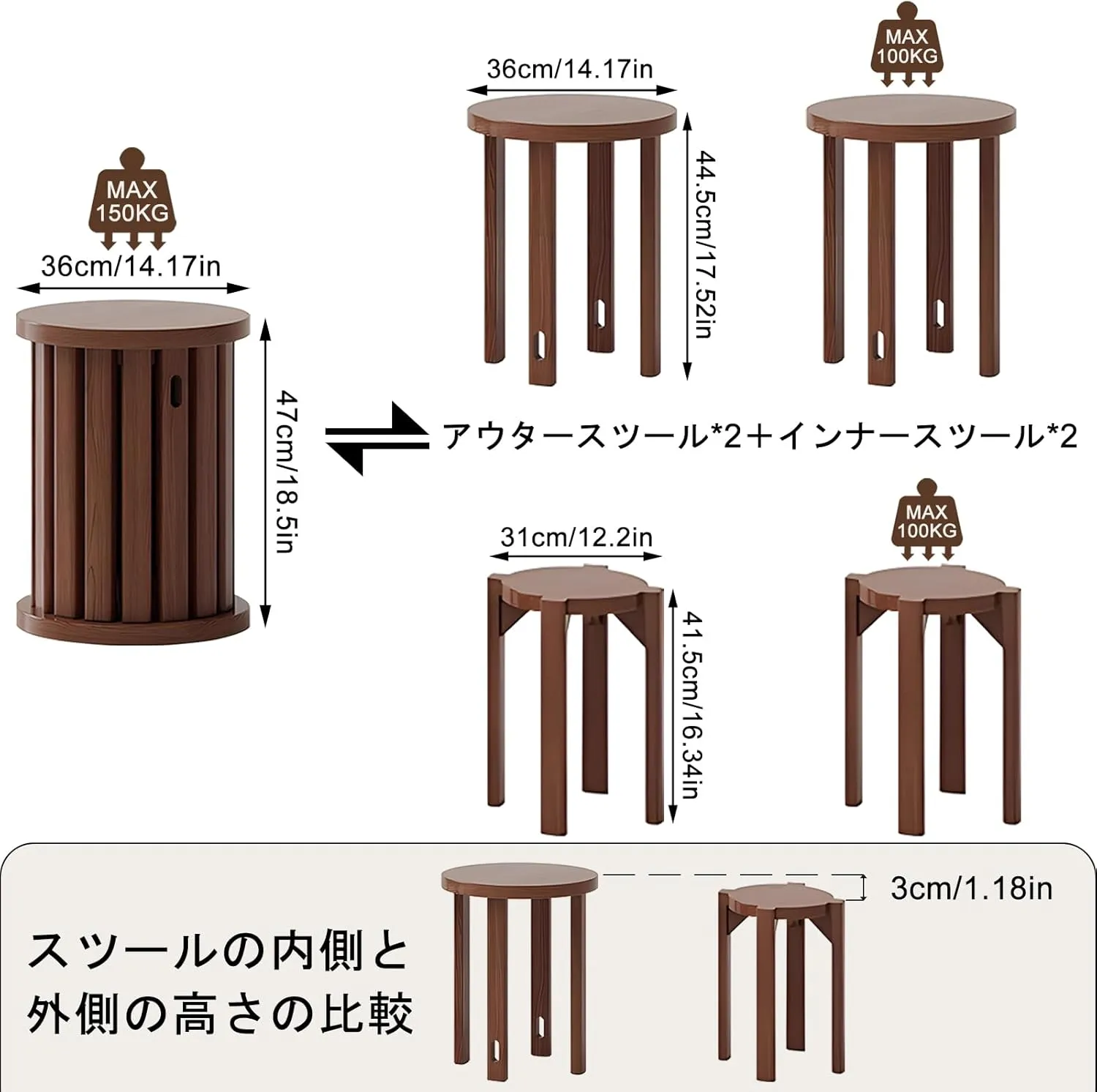 Wooden Stackable Stools Set of 4, 4-in-1 Stacking Stools with footrests, Multifunctional Seats for Home Kitchen Bedroom Diningroom Bar, No Assembly, Hold 220lbs (Walnut Color, 14.2x14.2x18.5in)
