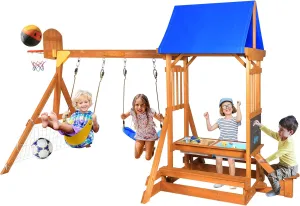 Wooden Swing Set/Playset Made for Small Yards and Kids Toddlers Age 3-6, 6-in-1 Playground Set with Picnic Table Drawing Board Sandboxes Basketball Hoop Soccer Net