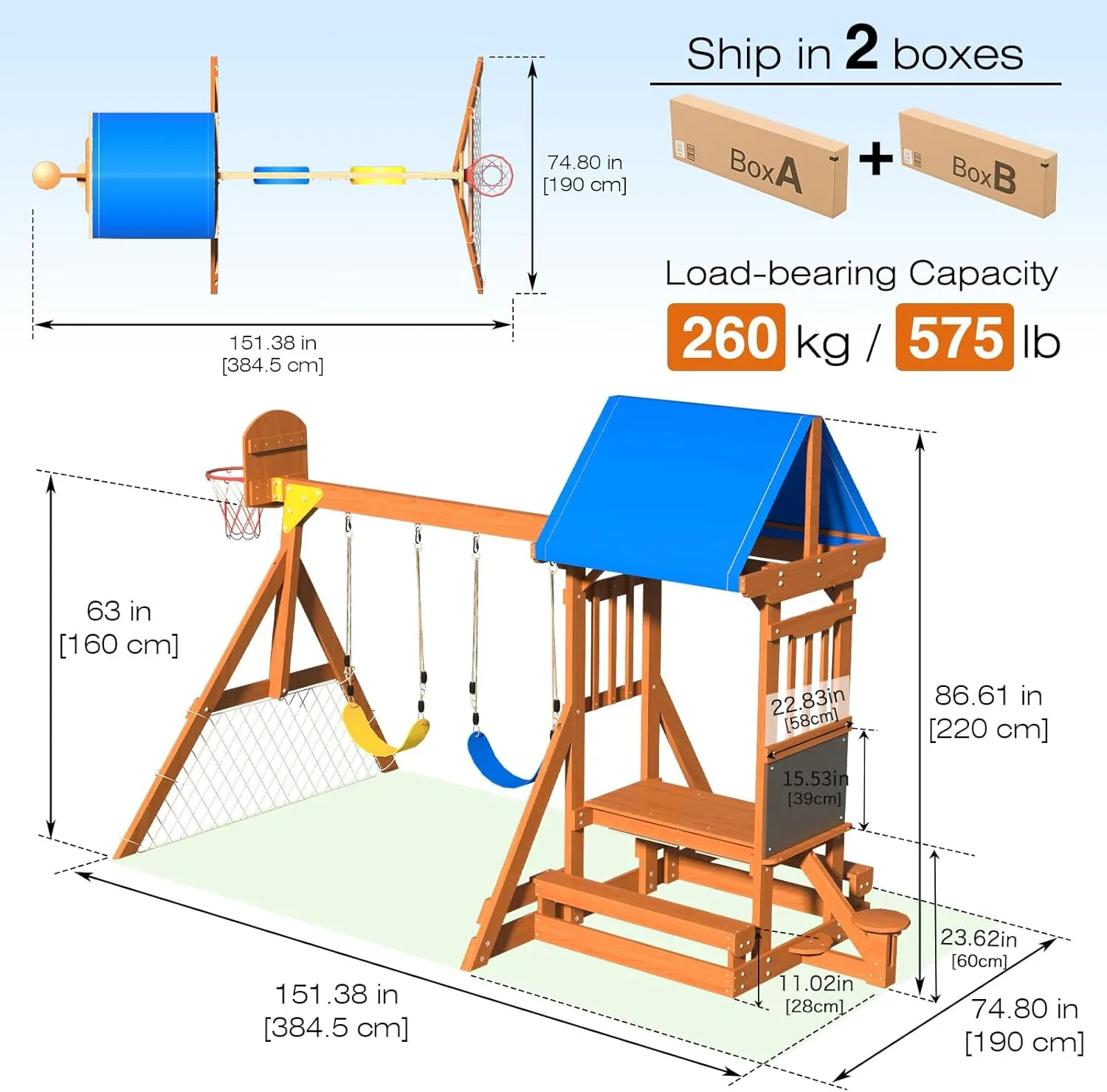Wooden Swing Set/Playset Made for Small Yards and Kids Toddlers Age 3-6, 6-in-1 Playground Set with Picnic Table Drawing Board Sandboxes Basketball Hoop Soccer Net