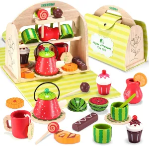 Wooden Tea Party Set for Little Girls Boys ，Toddler Tea Set Food and Carrying Case Pretend Play Kitchen Toy -Montessori Learning Toys for 3 4 5 6 Years Kids Birthday Gifts