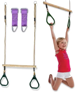 Wooden Trapeze Swing Bar for Kids - 18" Adjustable Height Monkey Bars Rings Swingset Accessories - Ninja Warrior Obstacle Course for Kids - Jungle Gym Accessories Playground Attachments