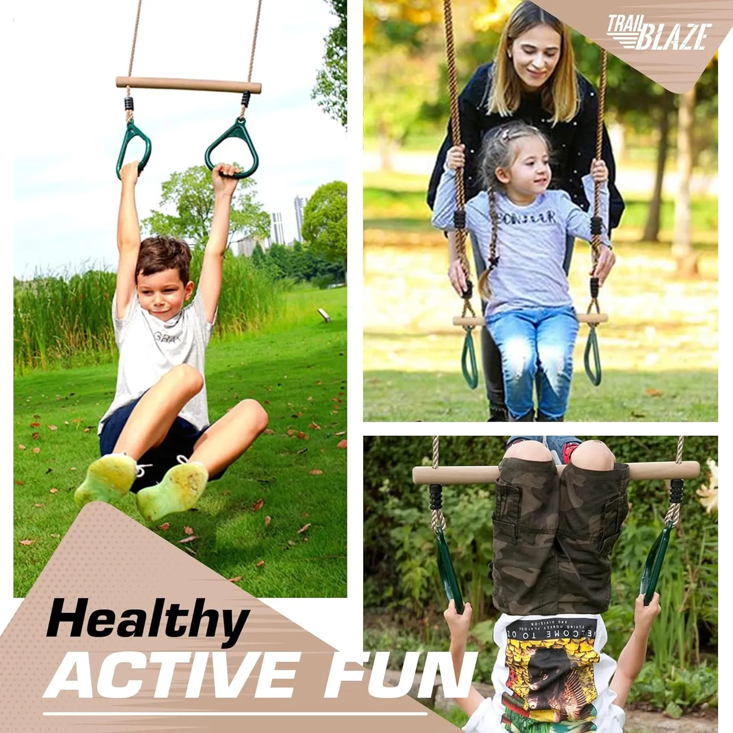 Wooden Trapeze Swing Bar for Kids - 18" Adjustable Height Monkey Bars Rings Swingset Accessories - Ninja Warrior Obstacle Course for Kids - Jungle Gym Accessories Playground Attachments