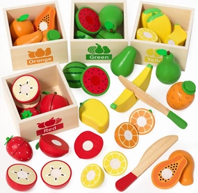 Wooden Toddler Kitchen Set - 18PCS Pretend Play Food with Sticky Cutting Toys & Storage Box, Realistic Fake Food Kitchen Toys for Kids 1-3, Educational Gift for Boys Girls Ages 3 