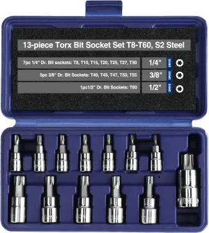 WORKPRO 13-Piece Torx Bit Socket Set T8-T60, 1/4", 3/8" and 1/2" Drive, S2 Steel 6 Point Star Bits and CR-V Sockets with Storage Case For Hand Use Work On Cars, Trucks