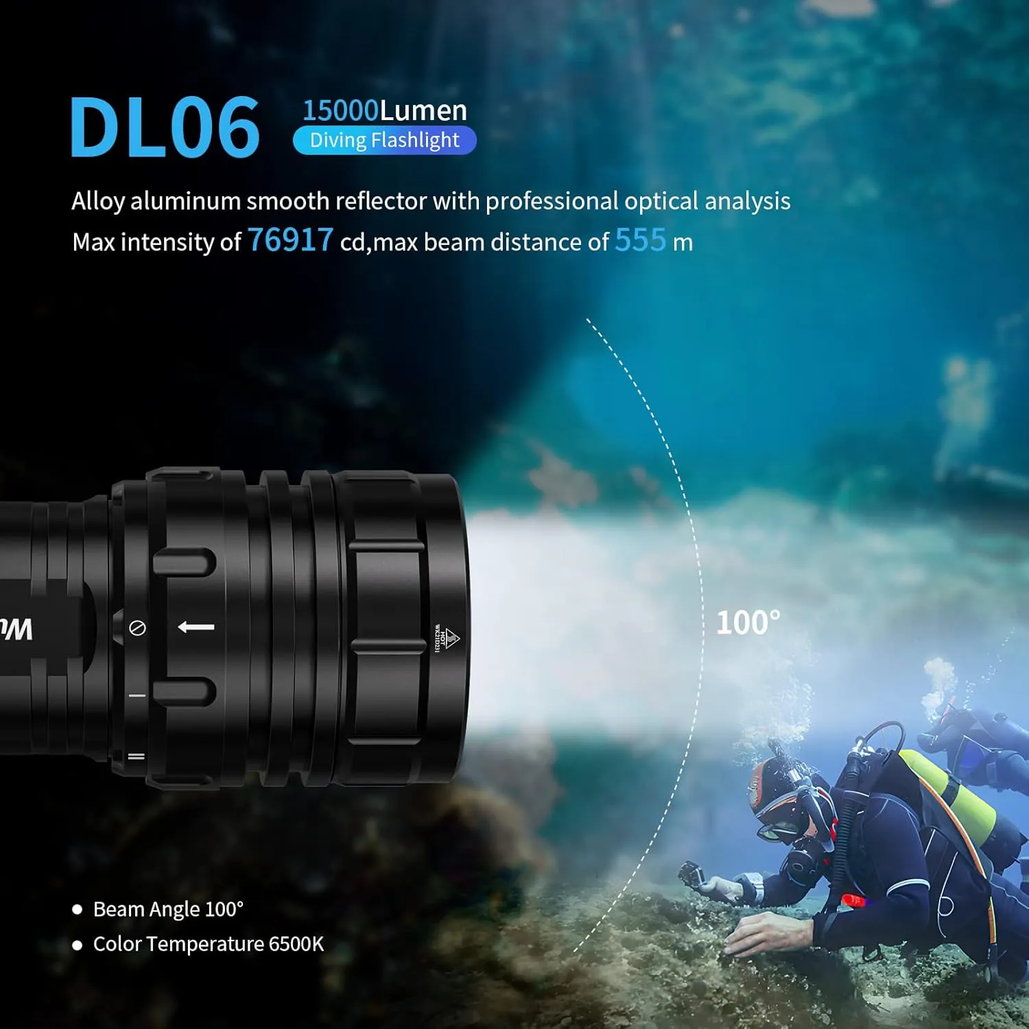 Wurkkos Diving Flashlight DL06 Max 15000 Lumen Scuba Dive Light, 100°Beam Angle Diving Light with 6 LED, IPX8 Waterproof Dive Torch 100m Underwater Flashlight Neutral White(5000K)