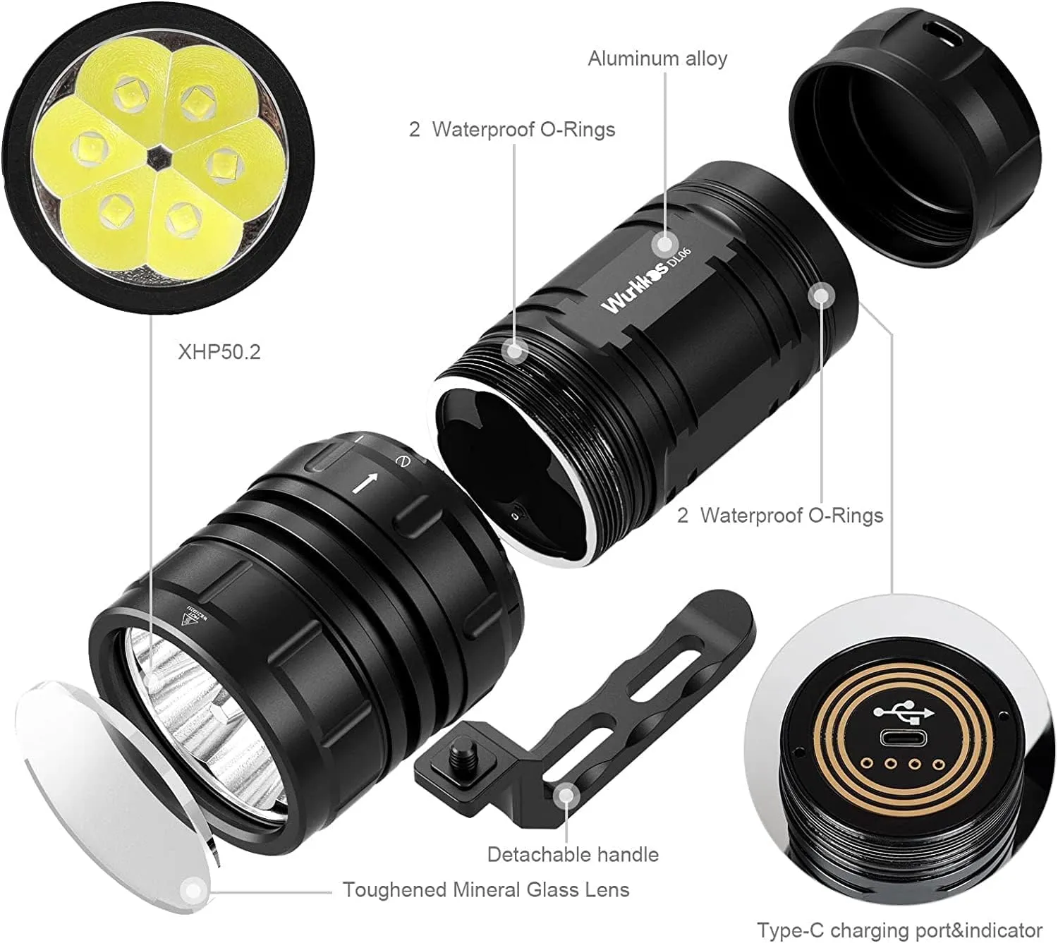 Wurkkos Diving Flashlight DL06 Max 15000 Lumen Scuba Dive Light, 100°Beam Angle Diving Light with 6 LED, IPX8 Waterproof Dive Torch 100m Underwater Flashlight Neutral White(5000K)