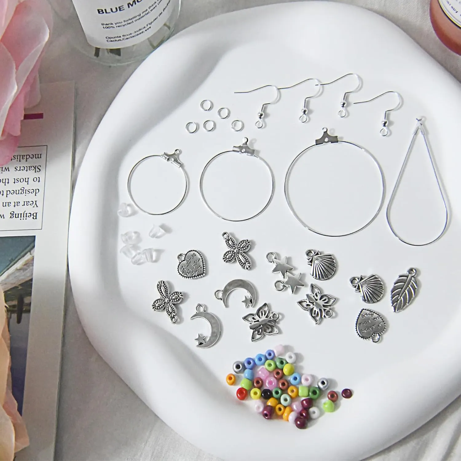 XKCWXY 755Pcs Beading Hoop Earrings Kit, with Hoops, Hooks, Backs, Jump Rings, Silver Charms, Pony Beads