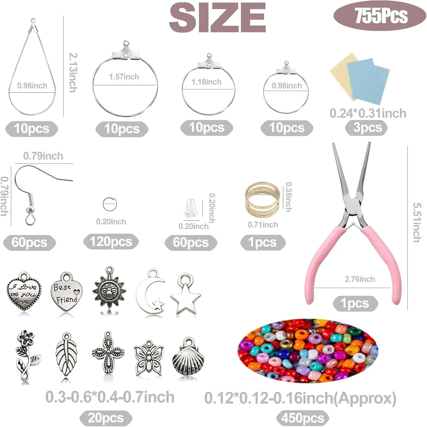 XKCWXY 755Pcs Beading Hoop Earrings Kit, with Hoops, Hooks, Backs, Jump Rings, Silver Charms, Pony Beads