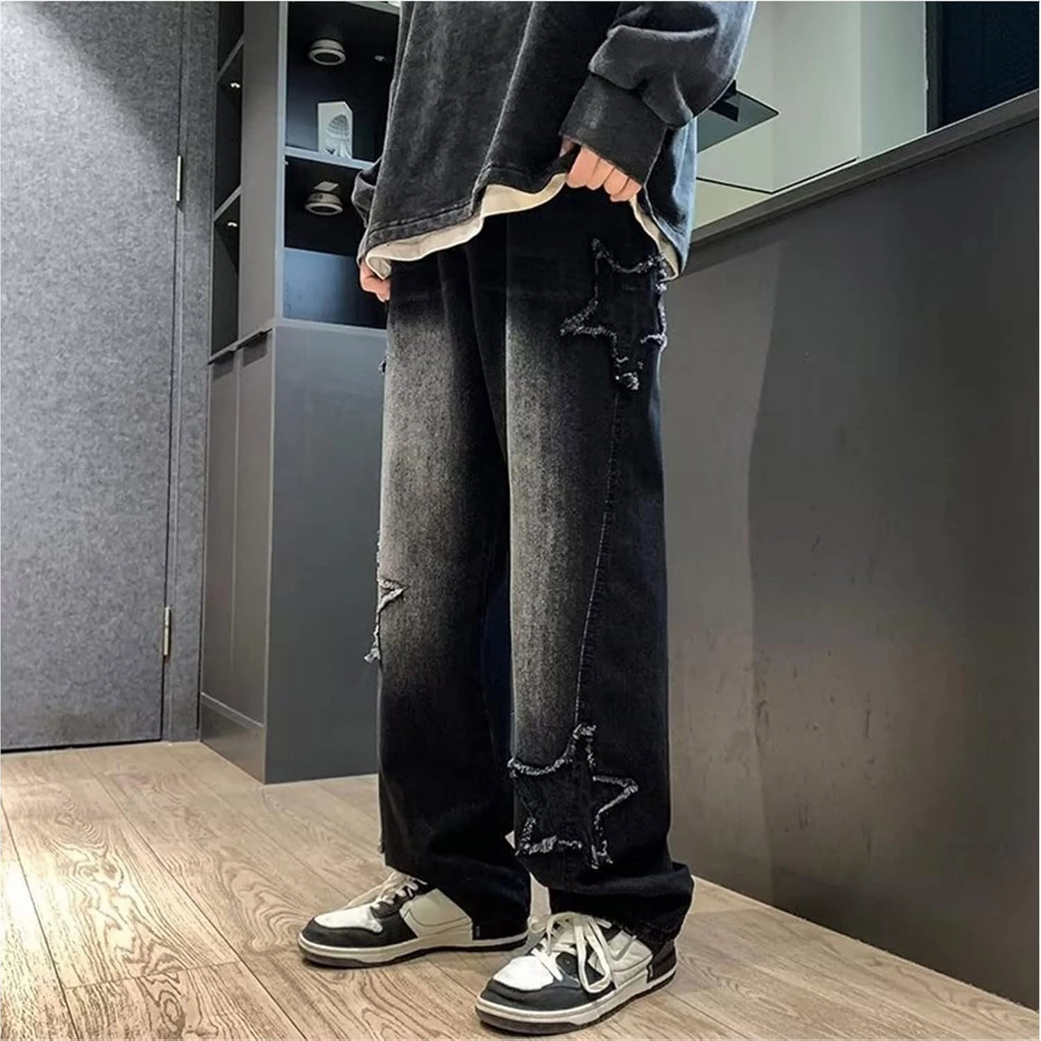 Y2k Jeans Men Aesthetic Black Baggy Jeans Goth Vintage Street Loose Fit Star Graphic Denim Pants Straight Trousers
