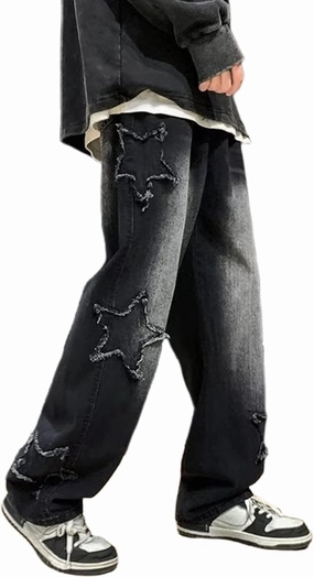Y2k Jeans Men Aesthetic Black Baggy Jeans Goth Vintage Street Loose Fit Star Graphic Denim Pants Straight Trousers