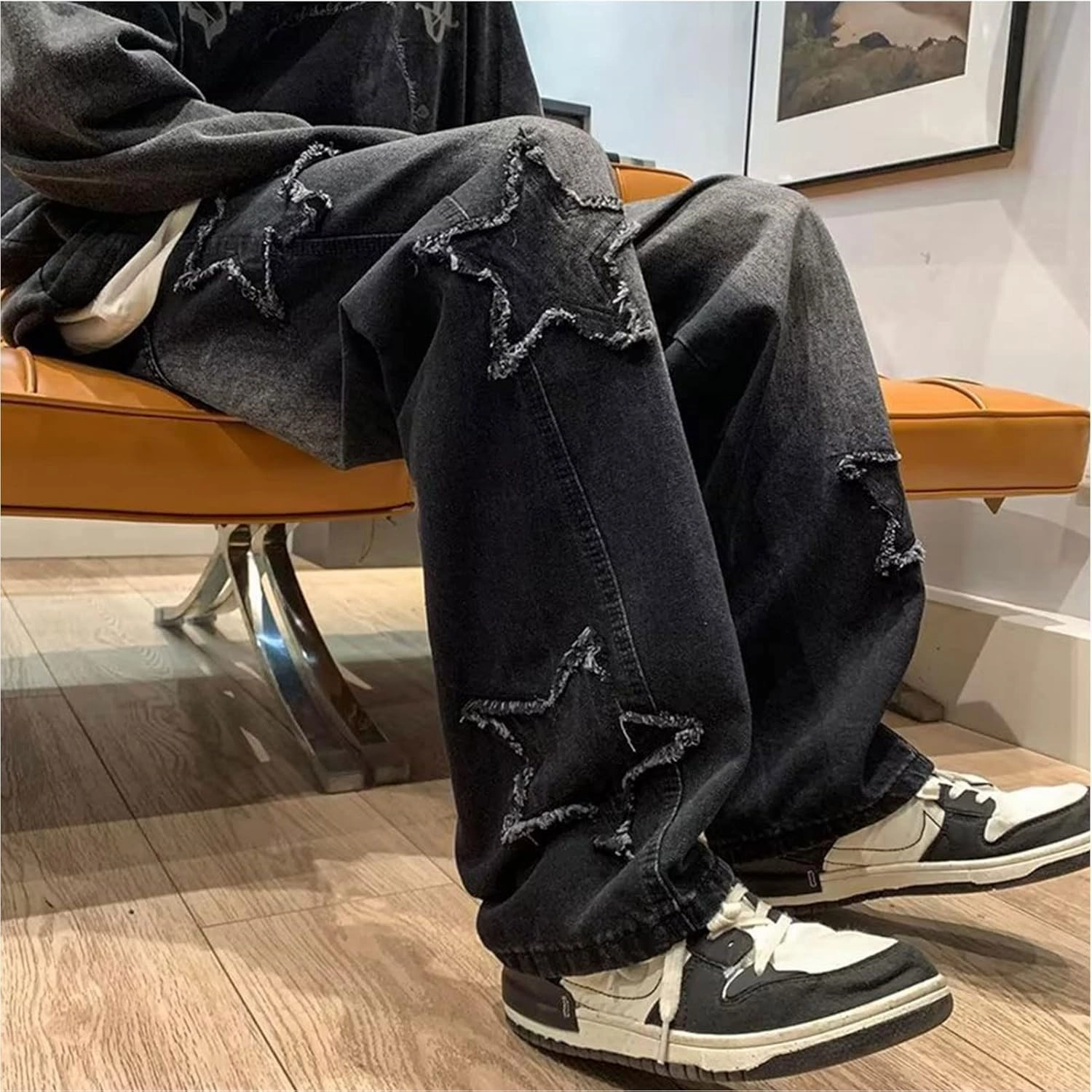 Y2k Jeans Men Aesthetic Black Baggy Jeans Goth Vintage Street Loose Fit Star Graphic Denim Pants Straight Trousers