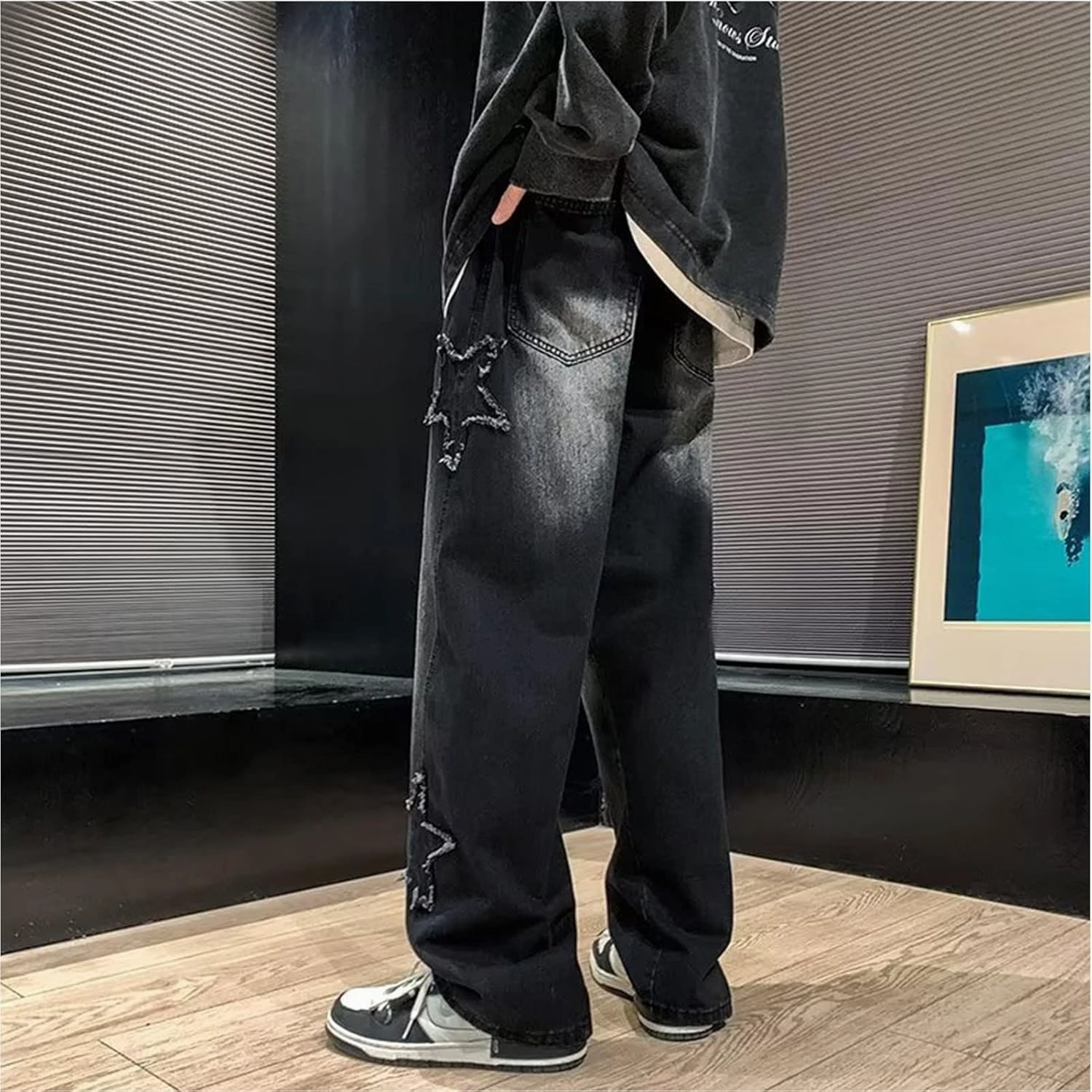 Y2k Jeans Men Aesthetic Black Baggy Jeans Goth Vintage Street Loose Fit Star Graphic Denim Pants Straight Trousers
