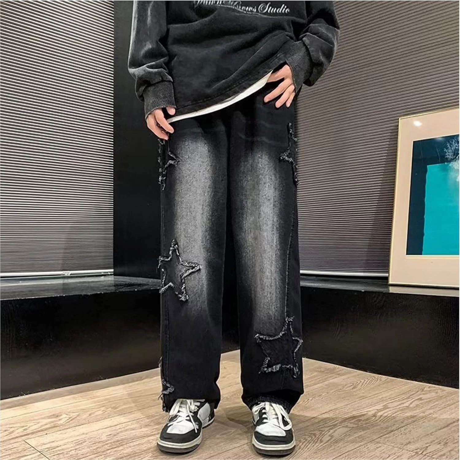 Y2k Jeans Men Aesthetic Black Baggy Jeans Goth Vintage Street Loose Fit Star Graphic Denim Pants Straight Trousers