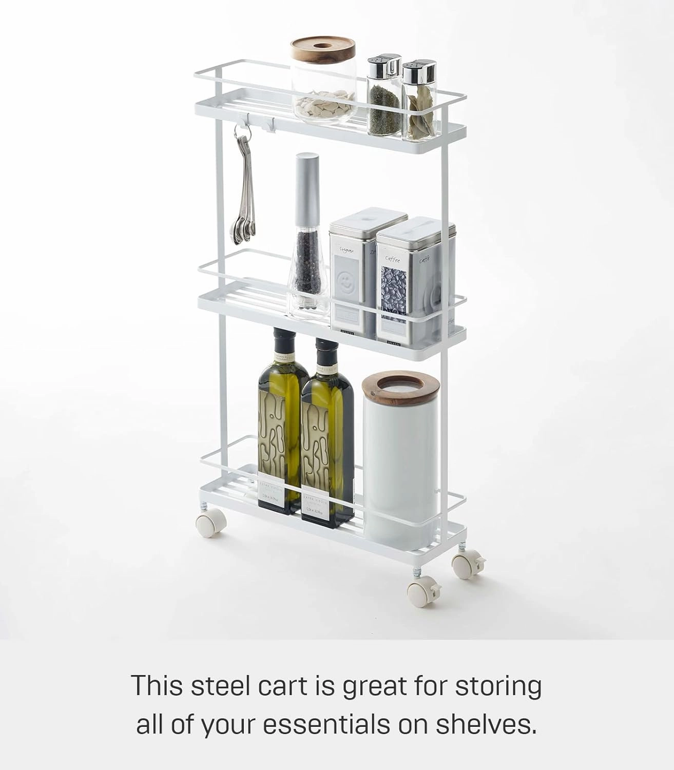 Yamazaki Home Rolling Kitchen Island Three Tier Metal Storage Cart - Portable Organizer Shelves Utility Cart Steel One Size White